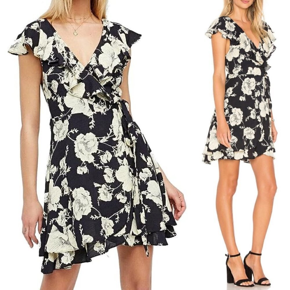 Free People French Quarter Wrap Dress In Black Women's XS NEW Floral Boho Hippie